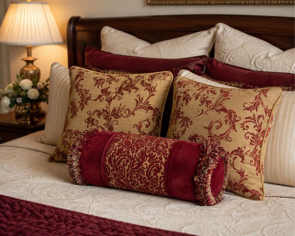 Vintage Burgundy Gold Decorative Pillow Set Of 3 (2 Square/1 Bolster) Victorian